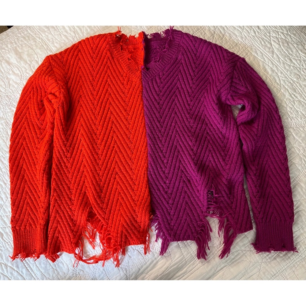 Two Tone Distressed Chevron Cable Knit Sweater Orange Magenta Split Color